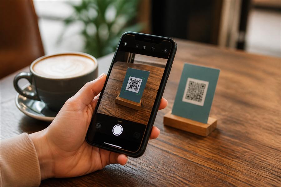 اسکن منو QR کافه با گوشی موبایل روی میز