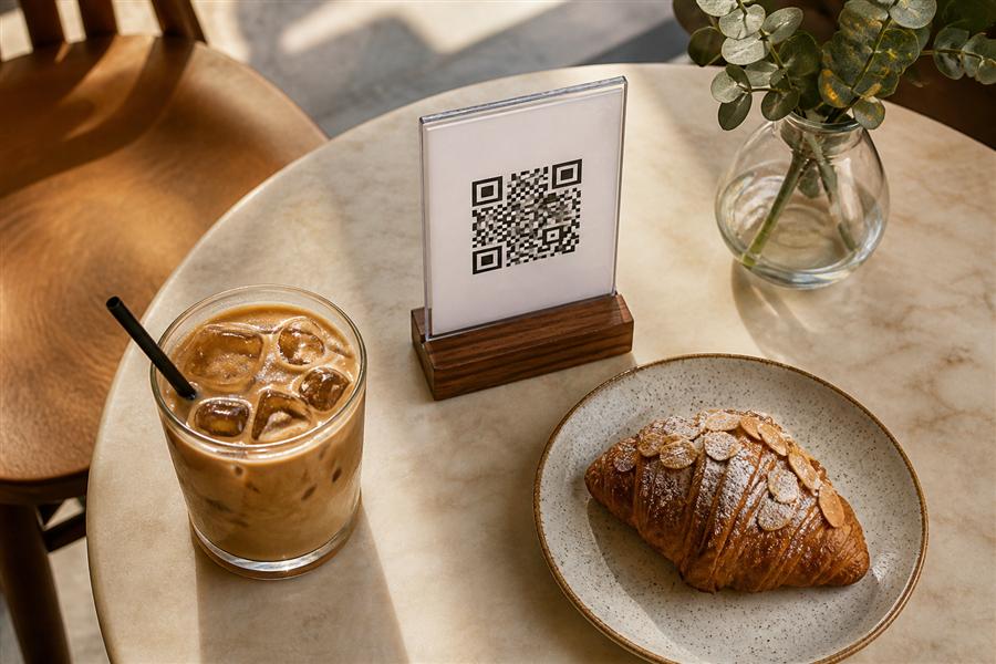 میز کافه با نوشیدنی و استند کوچک منوی QR