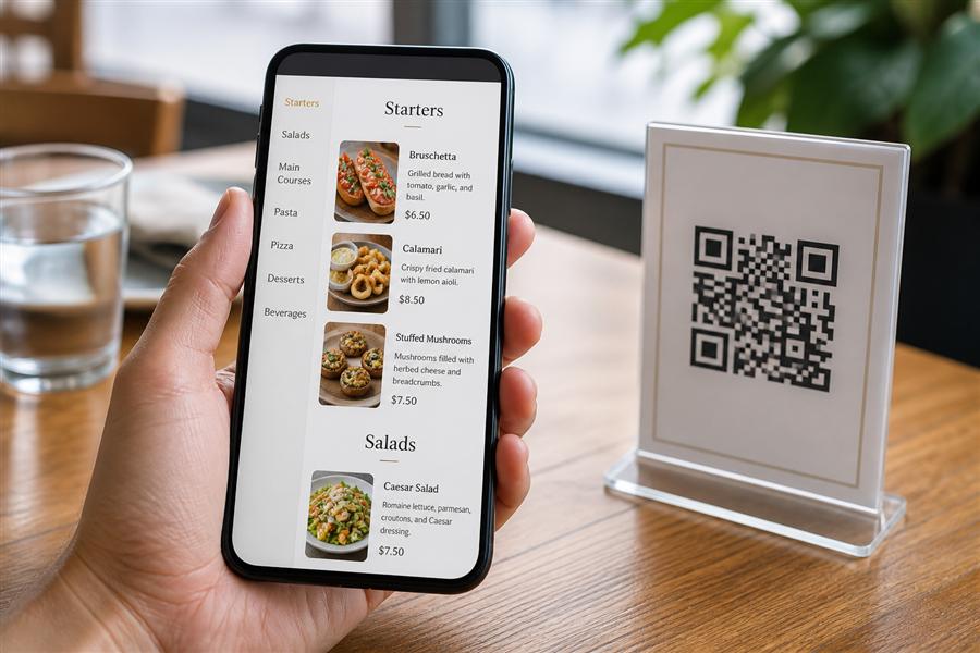 منوی آنلاین رایگان روی گوشی موبایل کنار استند QR